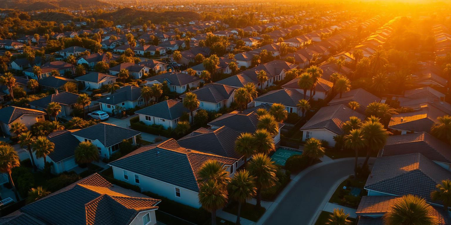 Aerial view of a Southern California neighborhood at golden hour