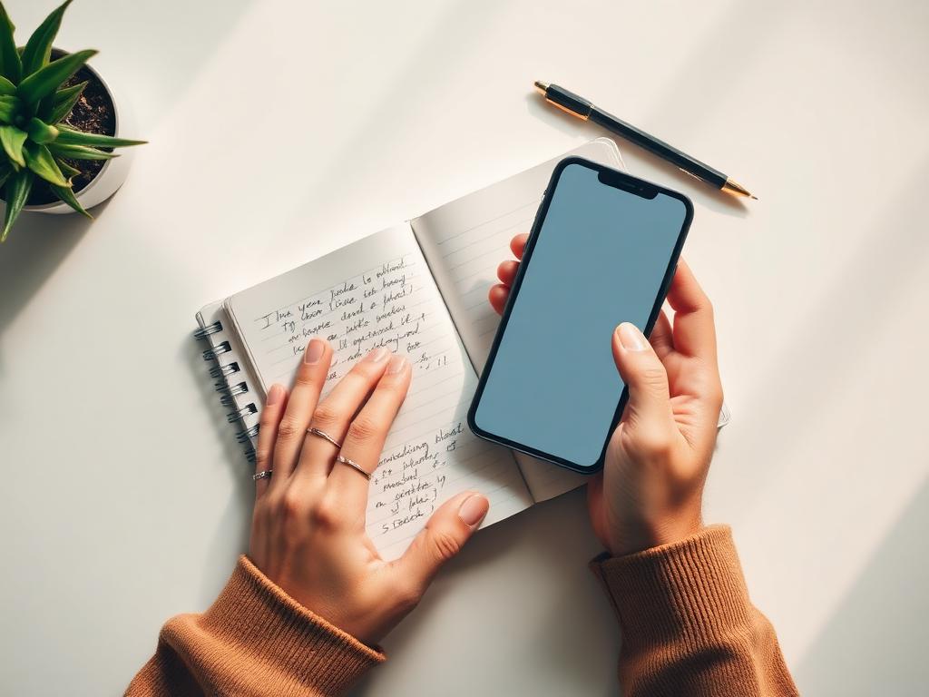 Hands holding a phone next to a notebook of notes
