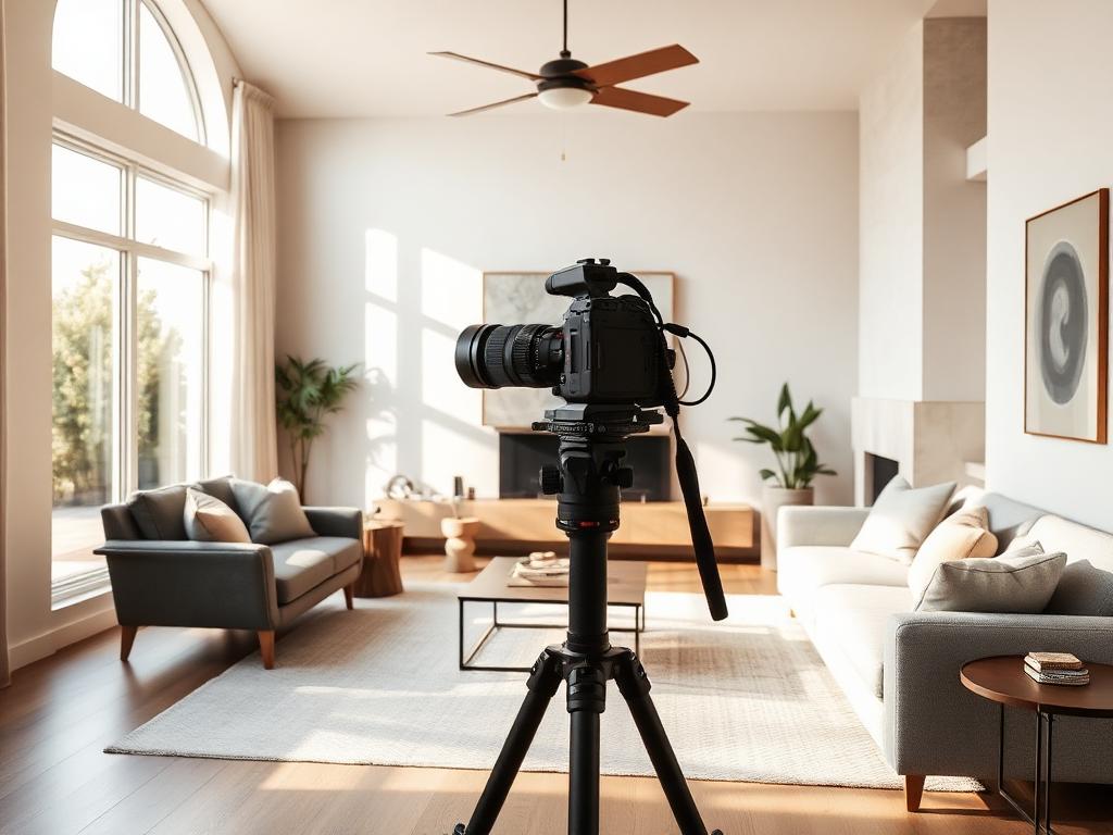 Professional camera photographing a bright living room